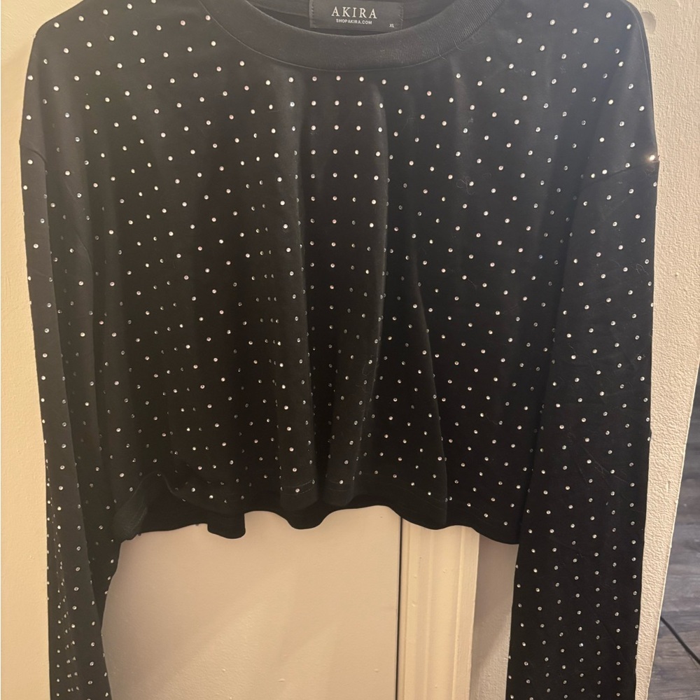 AKIRA Black Long Sleeve Cropped Top with Silver Studs